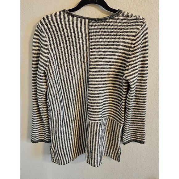 Coldwater Creek Woman SZ PM Varied Stripe Chunky Knit Sweater Tunic Grey & Whit - Picture 2 of 6